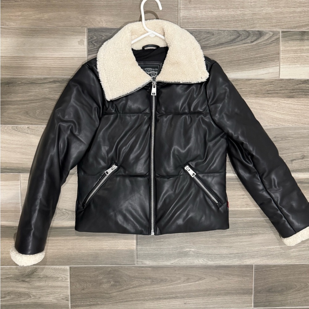 Black Faux Leather Jacket with Cream Accents